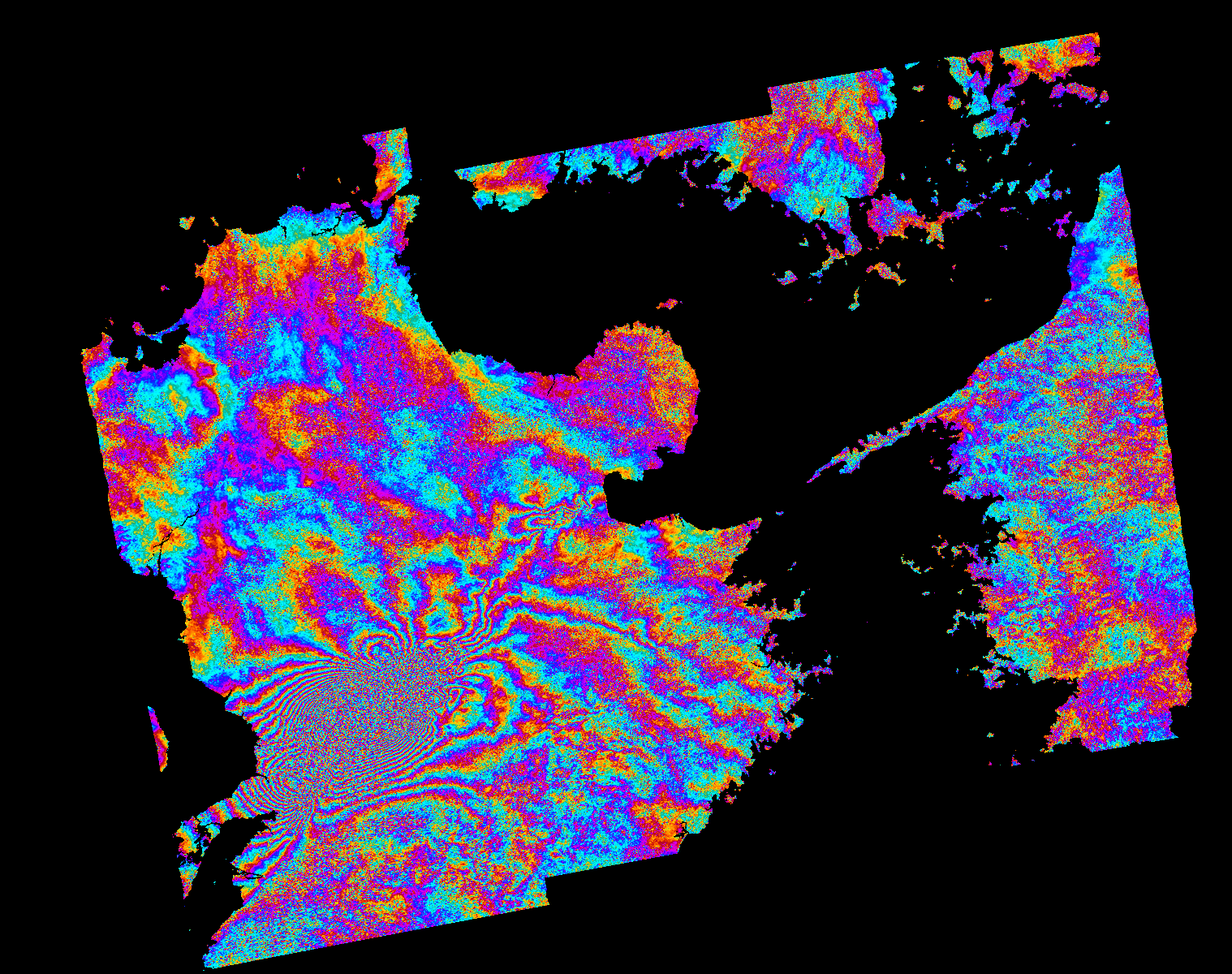 Satellite interferogram showing ground deformation from earthquake