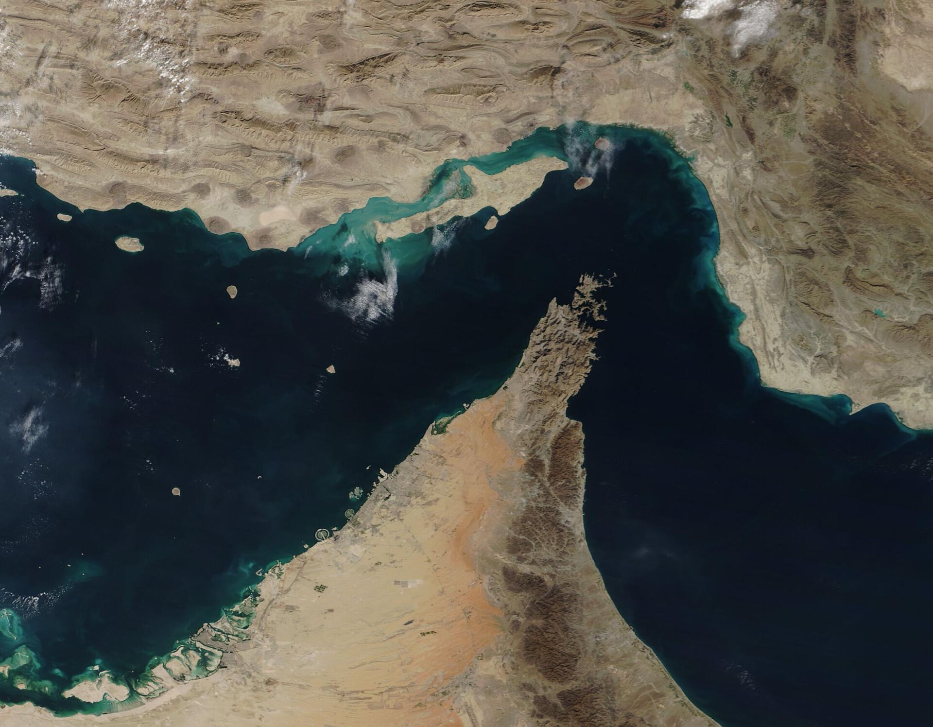 Satellite view of the Strait of Hormuz between Iran and the Arabian Peninsula